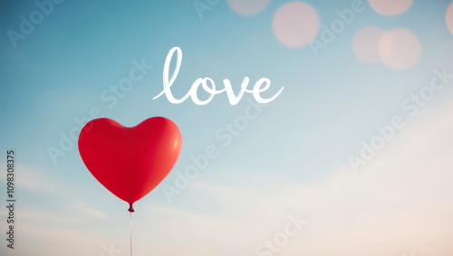 Single red heart balloon labeled "Love" in a bright blue sky, perfect for design, holiday cards and Valentine's Day invitations