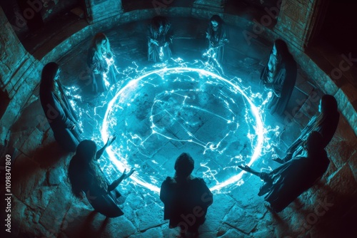 Players forming a ritual circle for a group spell with spell channeling UI and player connection lines, captured using fisheye lens on mystical ritual lighting, with copy space