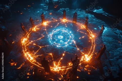 Players forming a ritual circle for a group spell with spell channeling UI and player connection lines, captured using fisheye lens on mystical ritual lighting, with copy space