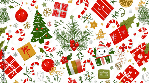 Festive Christmas pattern with gifts, snowmen, and candy canes