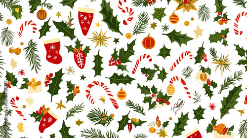 Festive Christmas pattern with candy canes and holly leaves