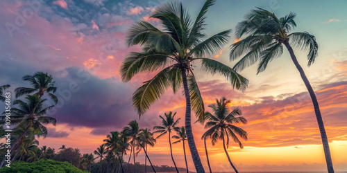 Tropical palm trees with a retro sunset background