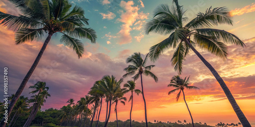 Tropical palm trees with a retro sunset