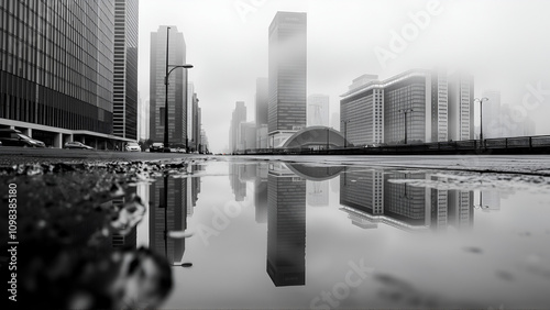 Urban cityscape reflected in puddle featuring tall buildings and misty atmosphere presented in monochrome photography showcasing the urban landscape and street concept