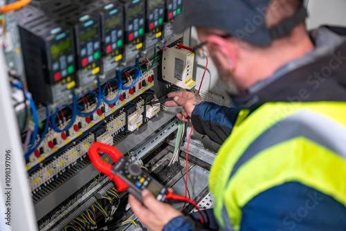 Ouvrier industriel qui fait de la maintenance en train de vérifier un tableau électrique pour résoudre des problèmes de tension avec un multimètre