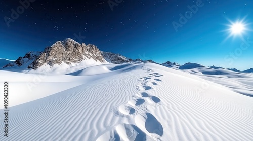 Footprints trail across a pristine snowy mountain peak under a clear blue sky, culminating at a jagged rocky formation, offering beauty and solitude to the viewer.