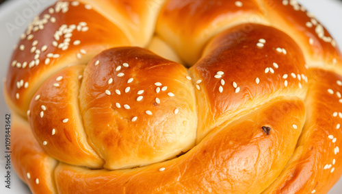 Braided dough. Freshly baked round challah. Holiday cheer. Pastry with sesame seeds. Golden-brown bread. Crusty. Shabbat-themed food dish with fluffy buns and sprinkles of white sesame seeds