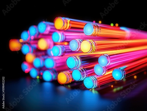 Dense optical cable cluster, glowing telecommunication innovation, 3D illustration