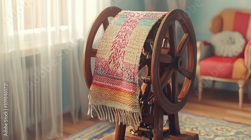 A traditional spinning wheel with colorful woven textile draped over it, representing craftsmanship and culture.