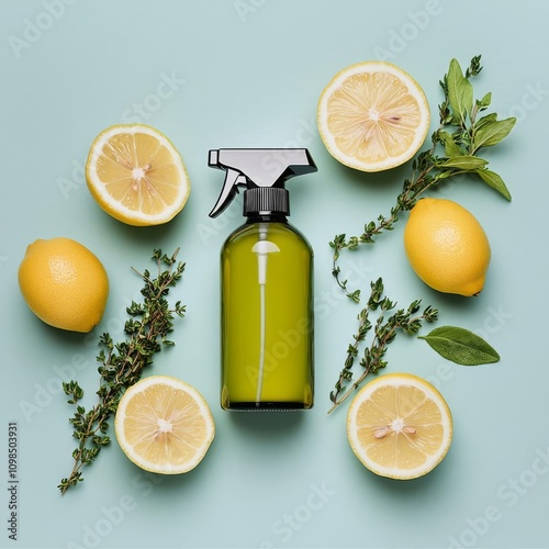 Trigger sprayer bottle arranged with natural cleaning props like lemons and herbs, main keyword eco-friendly sprayer mockup, concept natural and fresh