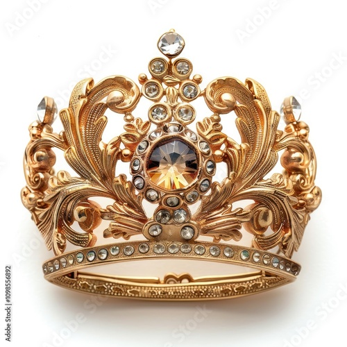 Golden crown brooch with one crystal isolated on white background