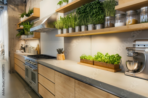 Cuisine moderne et minimaliste avec plantes aromatiques