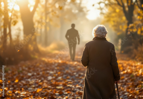 Eldery woman walking alone in the forest with the presence of her deceased husband at his side represented in the form of a shadow