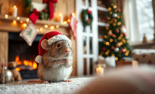 Adorable chinchilla wearing Santa hat, cozy Christmas living room, soft warm lighting, decorated Christmas tree in background, festive holiday atmosphere, fluffy pet portrait, bokeh lights, wooden flo