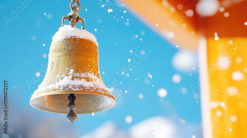 Orthodox New Year Snowdusted Church Bell in Motion