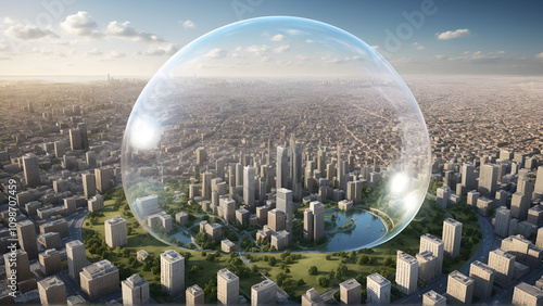 Conceptual representation of a city wrapped in a bubble, city as a self-contained system, rising population and urbanization