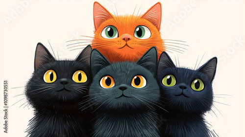 Ilustración de cuatro gatos con ojos grandes y expresivos