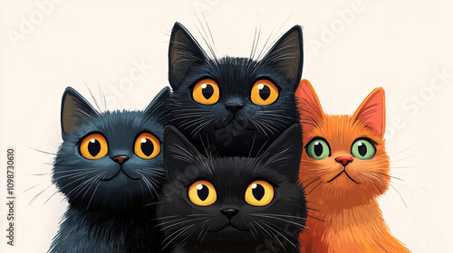 Ilustración de cuatro gatos con ojos grandes y expresivos