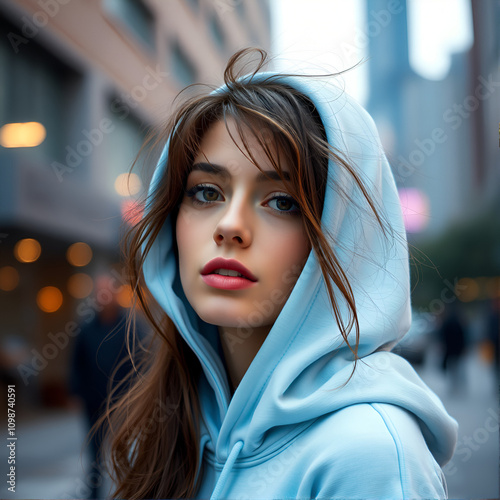 Close-up of a woman wearing a light blue hoodie with messy hair, set against an urban background with glowing lights, emphasizing a casual and modern look.