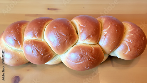 Braided challah bread on a wooden table