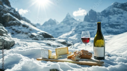 Outdoor traditional Italian food and drink on a sunny winter day in the Dolomites, lambrusco cheese baguette and ham on the snow.