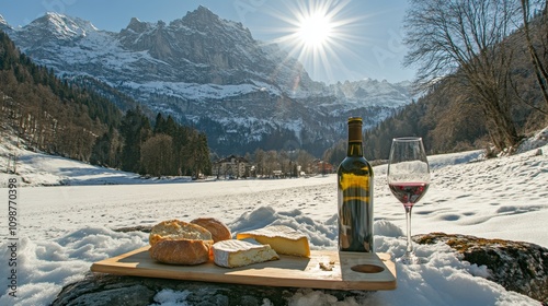 Traditionally Italian food and drink on a sunny winter day, with lambrusco cheese baguettes and ham scattered on the snow in the Dolomites.