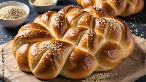 Freshly baked challah bread with sesame seeds