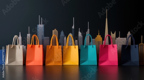 A row of colorful shopping bags stands before a city skyline, symbolizing urban lifestyle and retail vibrancy under sleek modern structures.