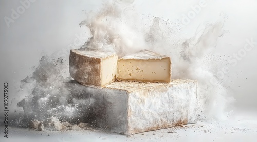 Blocks of cheese break apart amidst a cloud of powder in creative food photography