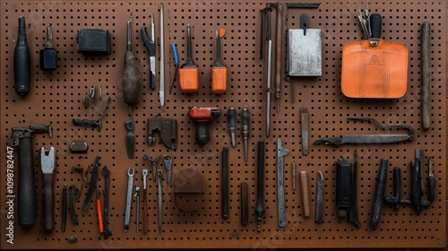 A colorful assortment of tools meticulously organized on a pegboard showcases craftsmanship and readiness, epitomizing an orderly and resourceful workspace.