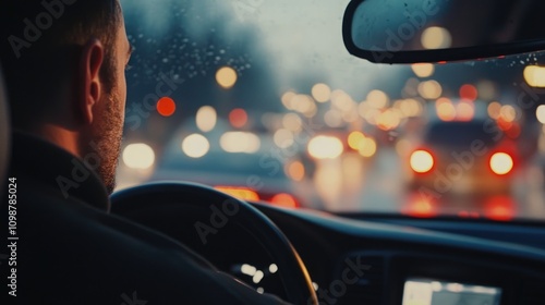 Aggressive driver shows hostility towards other road users, capturing psychological challenges and the risk of traffic accidents in a busy, rainy setting.