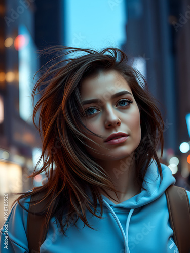 Close-up of a woman wearing a light blue hoodie with messy hair, set against an urban background with glowing lights, emphasizing a casual and modern look.