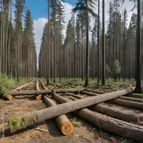 What remains of the forest after the storm. The picture shows the consequences of climate change, a deforested area with numerous sawn-off tree trunks. A depressing sight of environmental destruction.