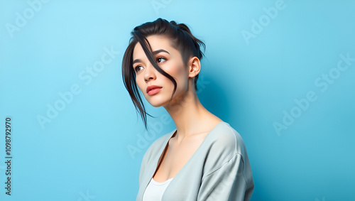 Thoughtful androgyne woman against a blue background with copy space.