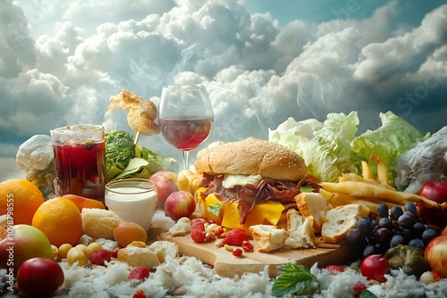 Abundant Food Table with Burger, Wine, and Fruits