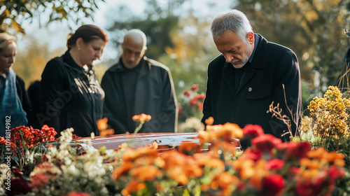 Uczestnicy pogrzebu w stonowanych strojach, towarzyszący trumnie otoczonej pięknymi kwiatowymi kompozycjami, tworzącej symboliczne pożegnanie.