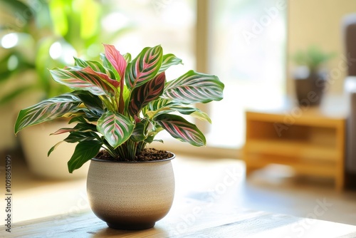 Zoomed in image of a Calathea Exotica plant with a blurred background