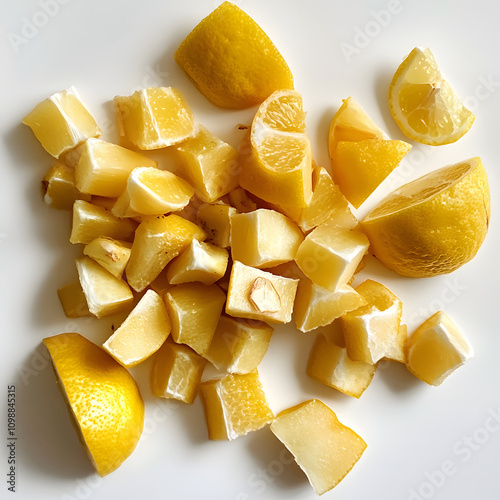 Nicely chopped Meyer lemon fruit on a white background