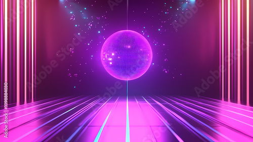 Vibrant purple neon disco sign in retro style glowing maximalist background. Neon. Illustration