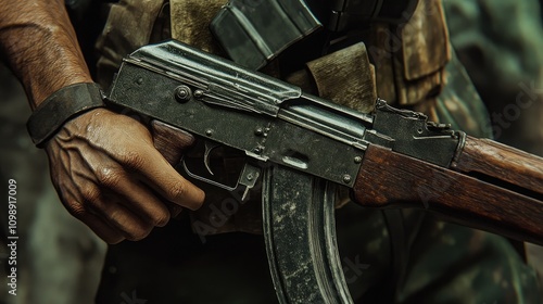 Mercenary soldier gripping an AK-74 rifle with detailed focus on the hand and weapon's features in a rugged, tactical environment.