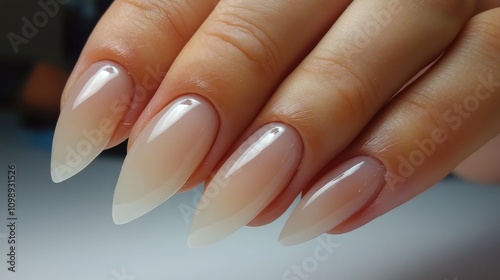 Elegant long almond-shaped nails with a gradient ombre finish, showcasing meticulous cuticle grooming and a polished shine, perfect for nail care.