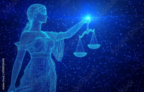 Digital Illustration of Cyberlaw and Technology Regulation with Woman and Balance Scale