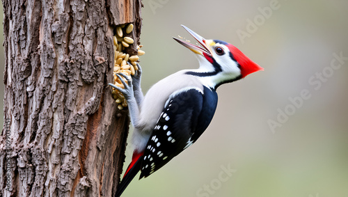 A male Pileated Woodpecker is perched eating a seed/suet cake.