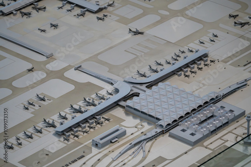 A detailed miniature model of a bustling international airport, captured from above. This intricate replica showcases airplanes at the gates, taxiing on the runways, and parked on the tarmac.