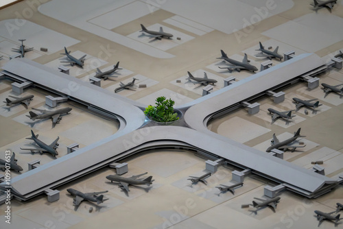 A detailed miniature model of a bustling international airport, captured from above. This intricate replica showcases airplanes at the gates, taxiing on the runways, and parked on the tarmac.