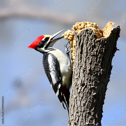 A male Pileated Woodpecker is perched eating a seed/suet cake.