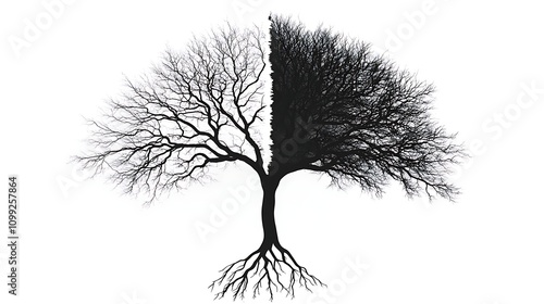 A tree with roots divided into two opposing directions, symbolizing a fierce debate of ideologies rooted in the same origin. 