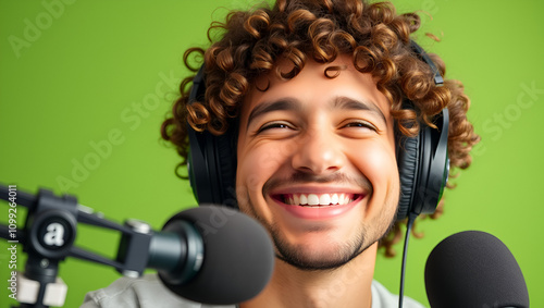 A cheerful radio broadcaster with curly hair smiles while wearing headphones, embodying joy and a love for music.