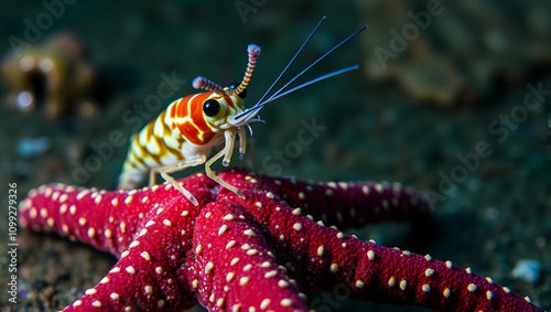 Snake Eel Shrimp - Phyllognathia simplex feeds on a Brittle Star - Ophiura ophiura. Underwater macro world of Tulamben, Bali, Indonesia.