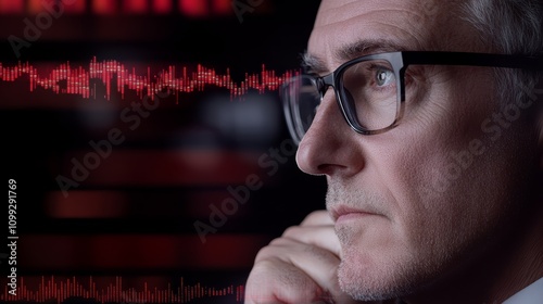 Man with glasses analyzes sound wave displayed on a monitor, exploring audio frequencies and digital visualization